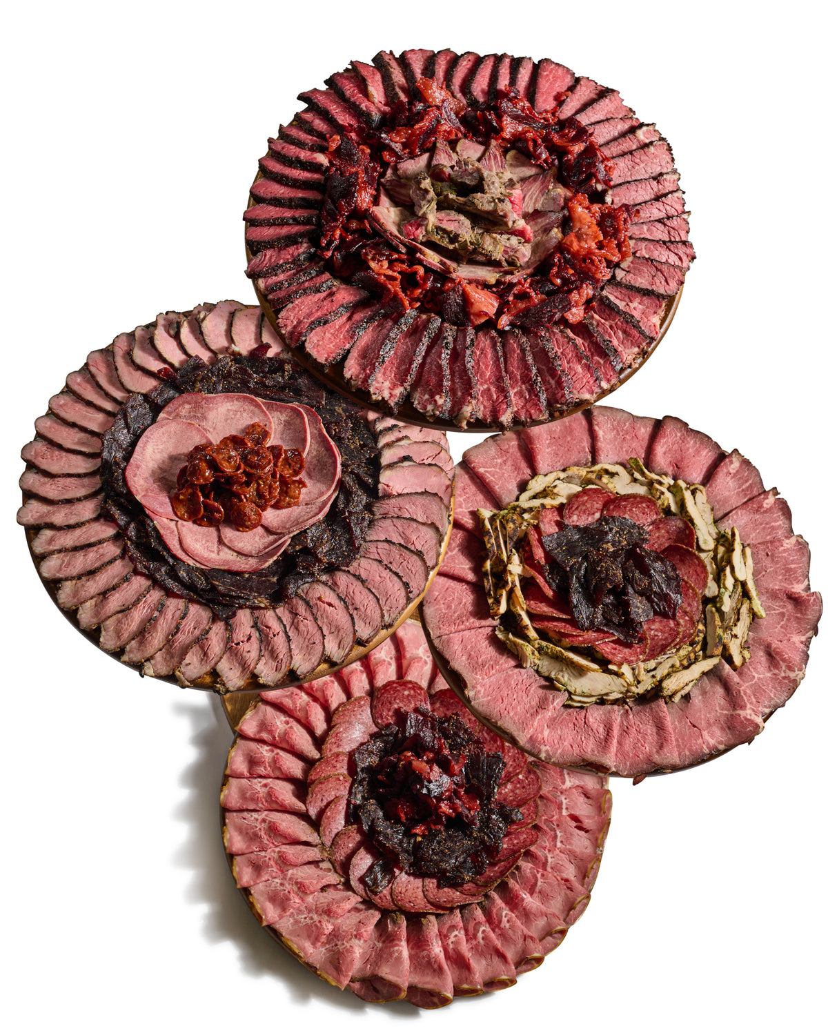 Next Level Taste 4 Tier board, rolled kosher deli meat platters, white background