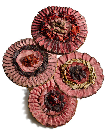 Next Level Taste 4 Tier board, rolled kosher deli meat platters, white background