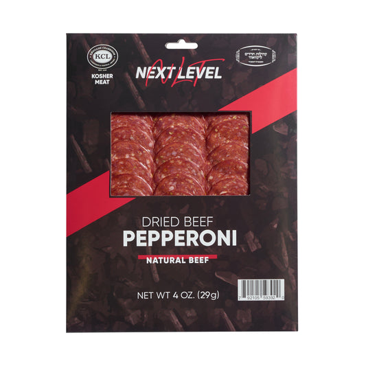 Next Level Taste Artisanal Dried Beef Pepperoni retail pack, 4 oz, kosher, on white background