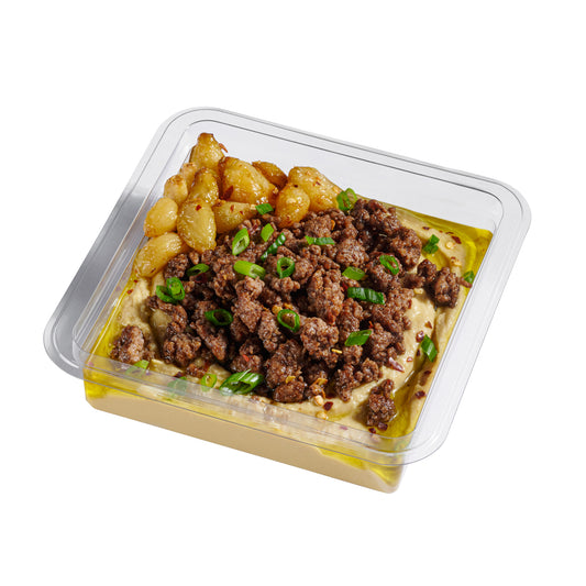 Next Level Taste Chummus Basar, chummus topped with seasoned ground beef, kosher, white background