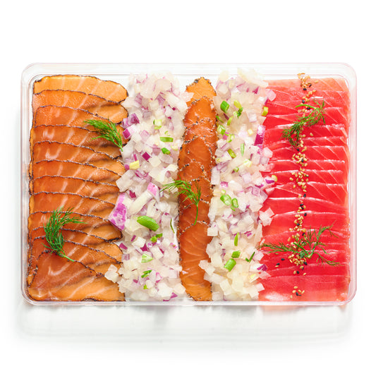 Next Level Taste Classic Cured Salmon tray with cured salmon and tuna, kosher, white background