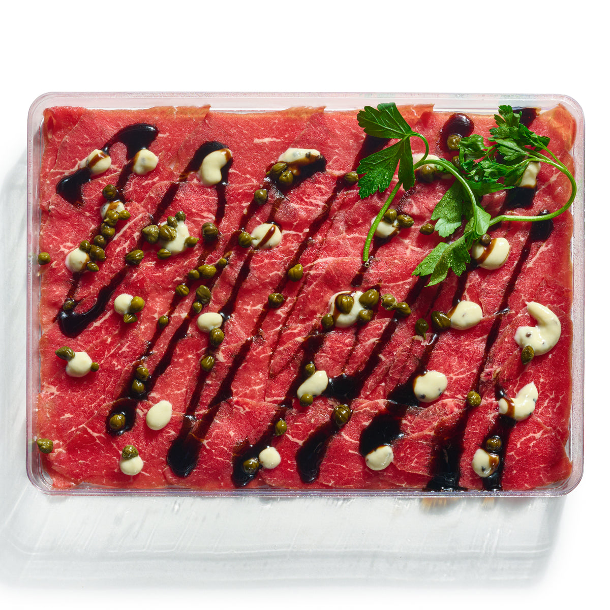 Next Level Taste KFP Beef Carpaccio platter, kosher for Passover, white background
