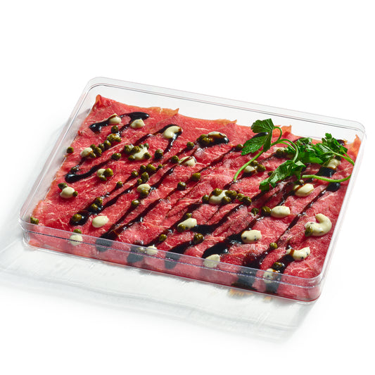 Next Level Taste KFP Beef Carpaccio tray, kosher for Passover, white background