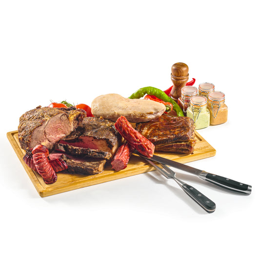 Next Level Taste Carving Station with roast beef, carving knife and fork, kosher, white background