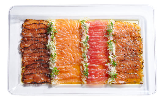 Next Level Taste Large Cured Fish Platter with cured salmon and tuna, kosher, white background